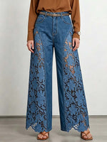 Women's High-waisted Loose-fit Wide-leg Jeans With Lace Embroidery Paneling