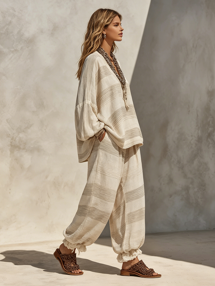 Boho Casual Vacation Style Striped Print Two-piece Set