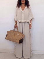 Women's Loose Button-Down Shirt & Wide-Leg Pants Two-Piece Set — Relaxed Casual Outfit with Metal Eyelet Details