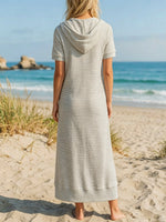 Women's Striped Art Casual Zip Hooded Short Sleeve Cotton Dress