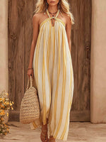 Women's Striped Print Halter-neck Sleeveless Casual Loose A-line Cotton-linen Dress