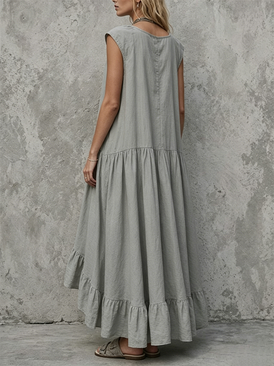 Cotton-linen Long Dress With Cap Sleeves, Button-front Placket, And Asymmetrical Ruffled Hem