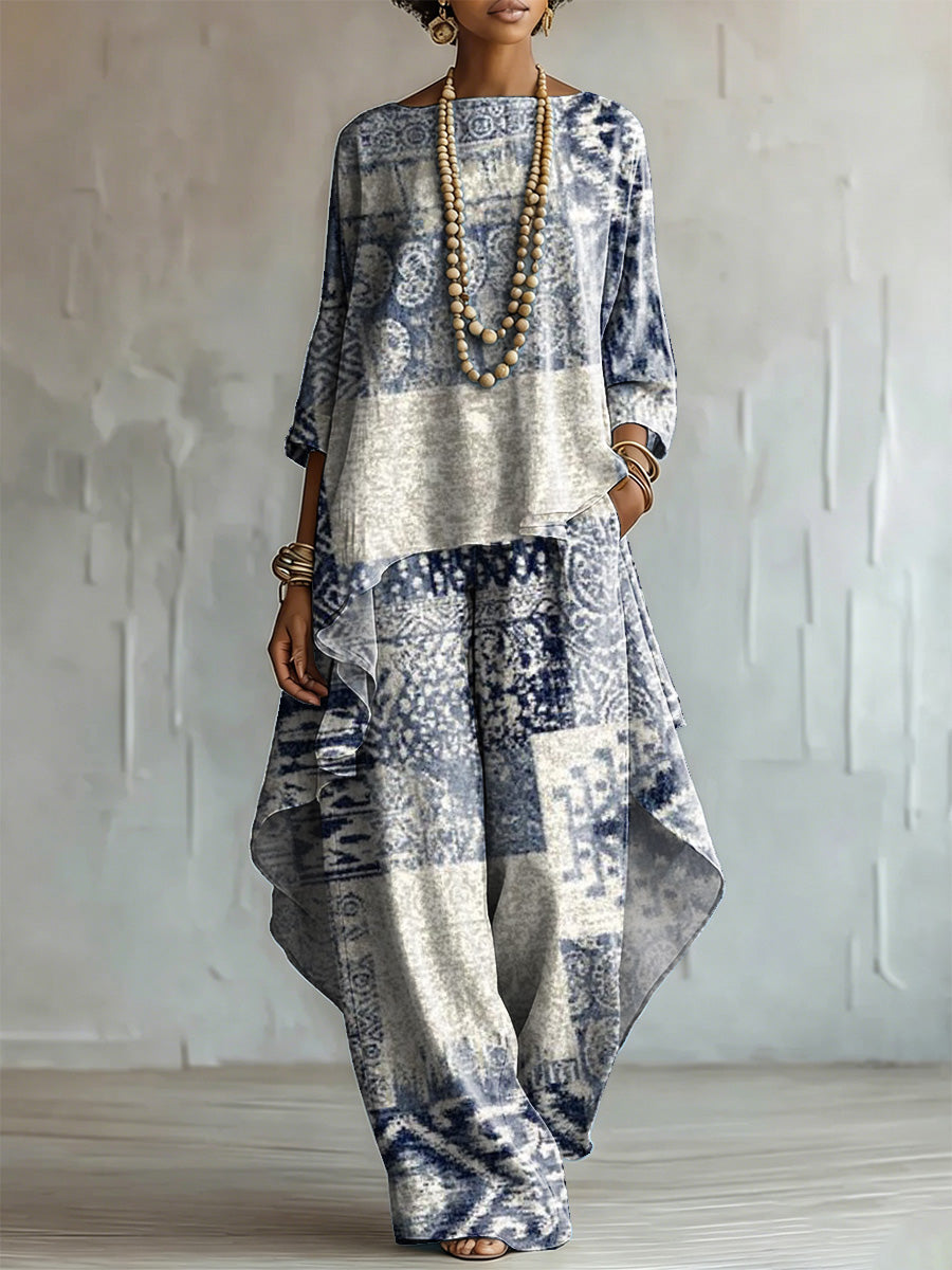 Elegant, Artistic, Retro-inspired Ethnic Print Two-piece Set