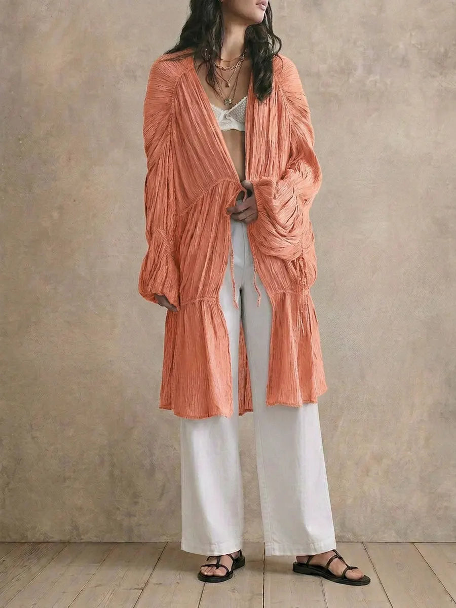 Women Crinkled Textured Open Front Long Cardigan, Drawstring Ruched Balloon Sleeve Ruffle Hem Casual Duster Coat