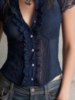 Sheer Lace Ruffled Fitted Short-sleeve Blouse