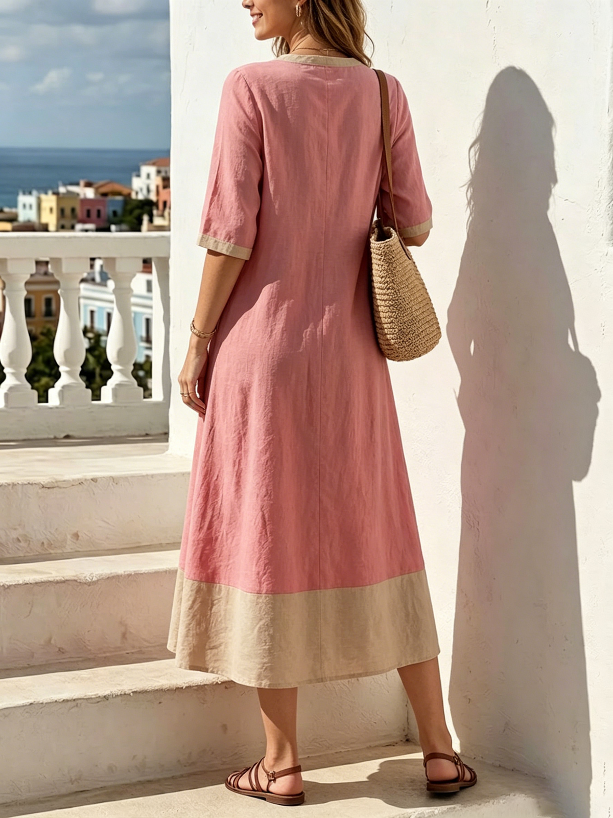 Color-block V-neck Cotton-linen Midi Dress With Elbow-length Sleeves