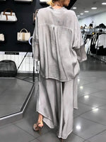 Women's Solid Color V-neck Long-sleeve Loose Casual Top And High-waisted Loose Wide-leg Pants Set
