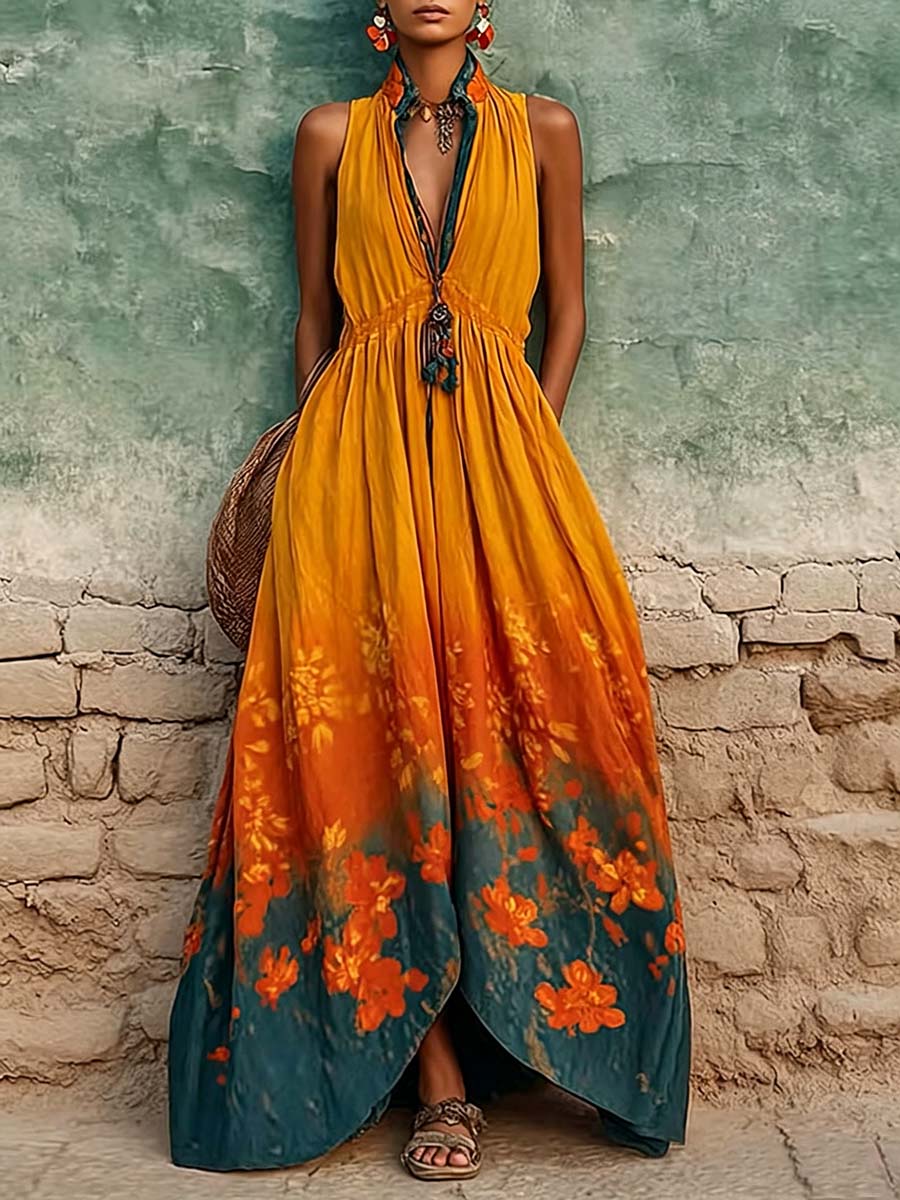 Women's Casual Loose Cotton-linen Dress With Placement Print Stand Collar And Sleeveless Design