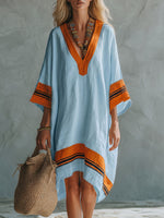 Women's Color-block V-neck Cotton-linen Dress