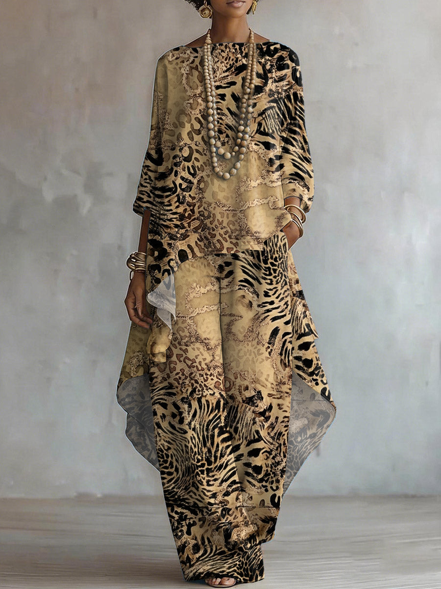Women's Retro Leopard Art Print Casual Stylish 3/4 Sleeve Cotton Linen Suits