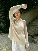 Women Beige Asymmetric Cold Shoulder Open Mesh Knit Top, Oversized Drop Shoulder Long Sleeve Hollow Out Slant Neck Loose Casual Blouse