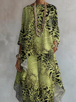 Women's Retro Leopard Art Print Casual Stylish 3/4 Sleeve Cotton Linen Suits