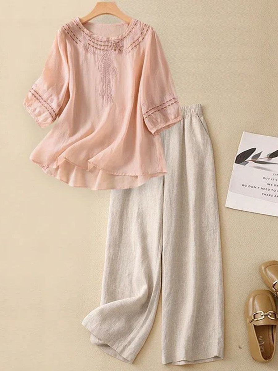 Women's Embroidered Cotton-linen Top And Casual Wide-leg Pants Two-piece Set