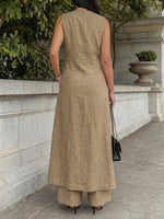 Women's Simple Sleeveless Long Top With Wide-leg Pants Cotton-linen Set