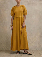 Relax Fit Bubble Short Sleeve Midi Maxi Dress, Solid Color Raglan Sleeve A-line Swing Casual Summer Dress