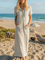 Women's Striped Art Casual Zip Hooded Short Sleeve Cotton Dress