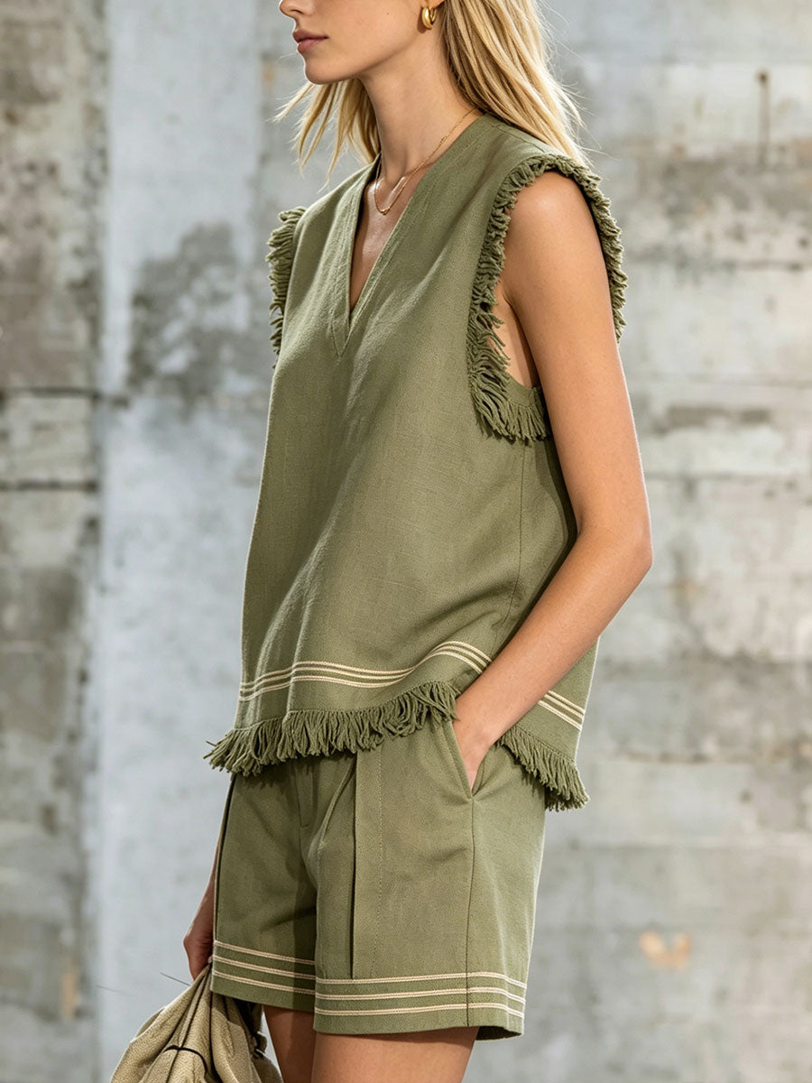 Women's Retro Green V-neck Cotton-linen Short-sleeve T-shirt And Shorts Set