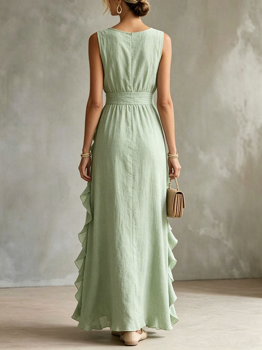 Women's Solid-color Pleated V-neck Dress