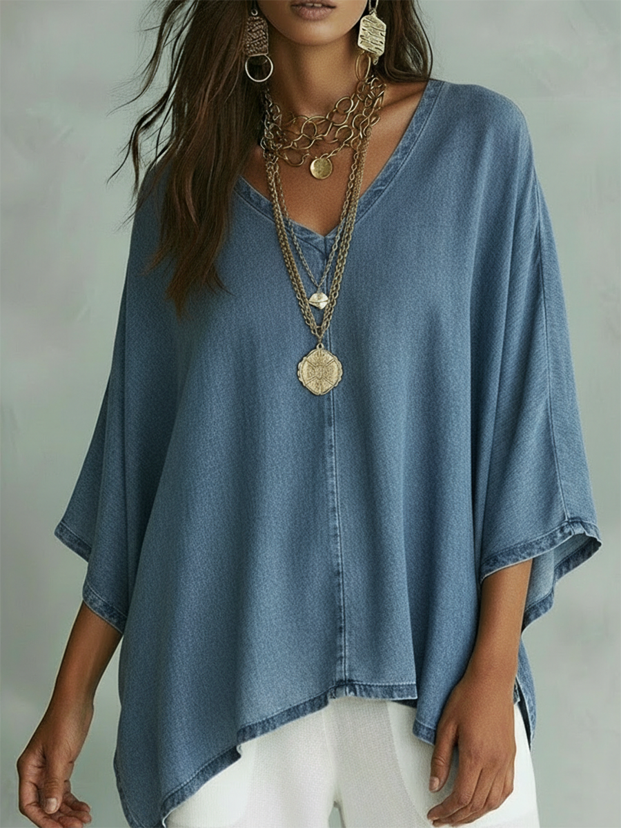 Camicia in denim comoda e ampia con scollo a V