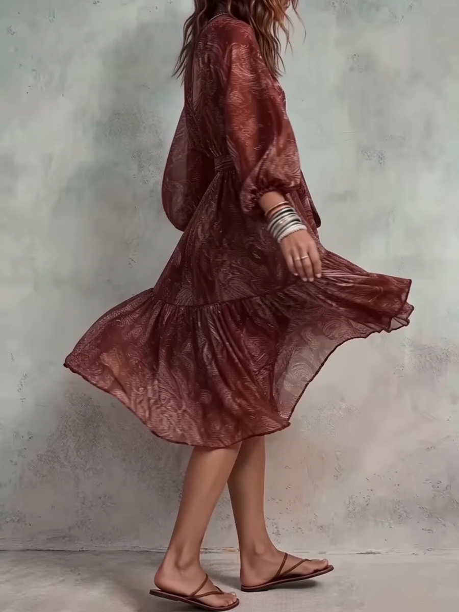 Paisley Print V-neck Lantern-sleeve Ruffled Dress With Self-tie Waist