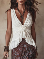 Women's Retro 3d Floral Decor Sleeveless Cotton Linen Top