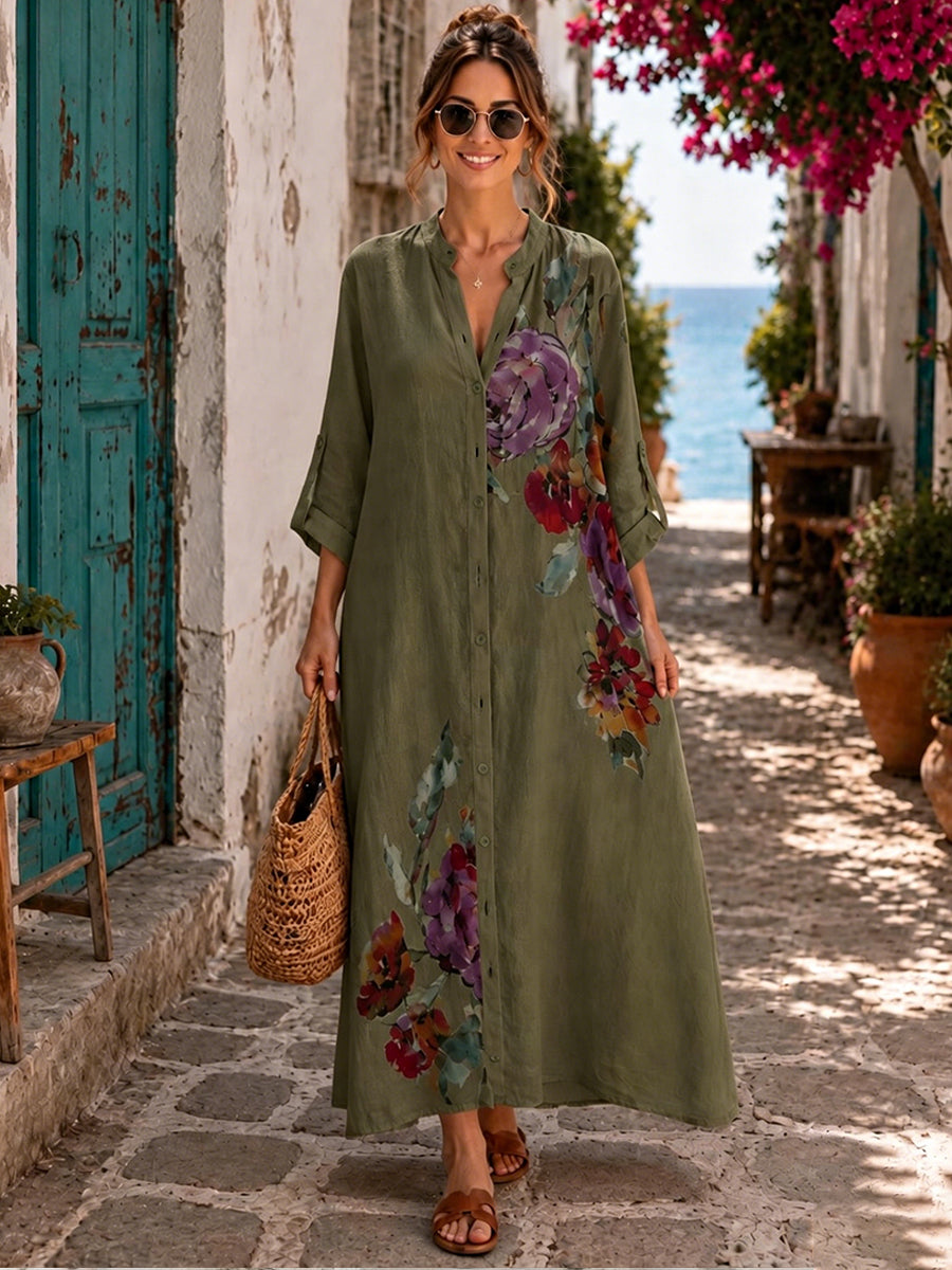Casual Floral-print Linen And Cotton Dress