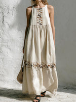 Women's Casual Loose Cotton-linen Dress — Crew Neck Sleeveless With Placement Print
