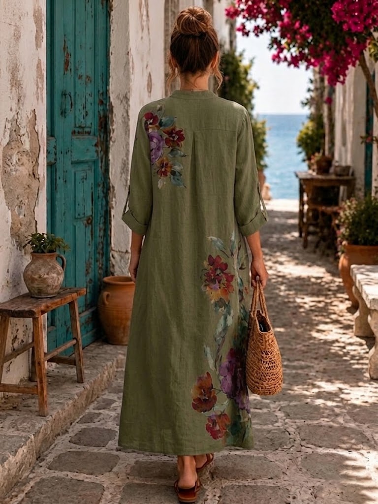 Casual Floral-print Linen And Cotton Dress