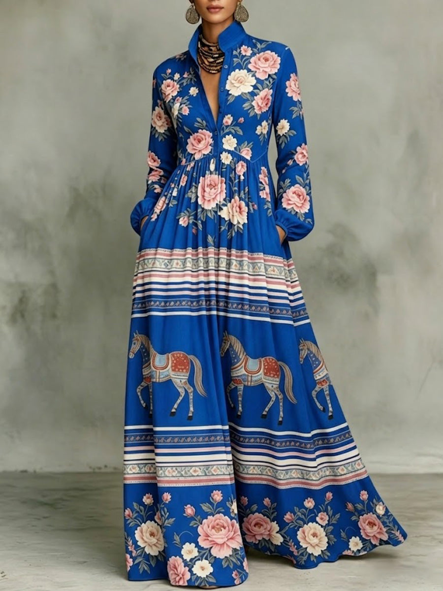 Classic Ethnic-style Dress Featuring Floral And Galloping Horse Print — Turn-down Collar, Cinched Waist, And Flared Skirt