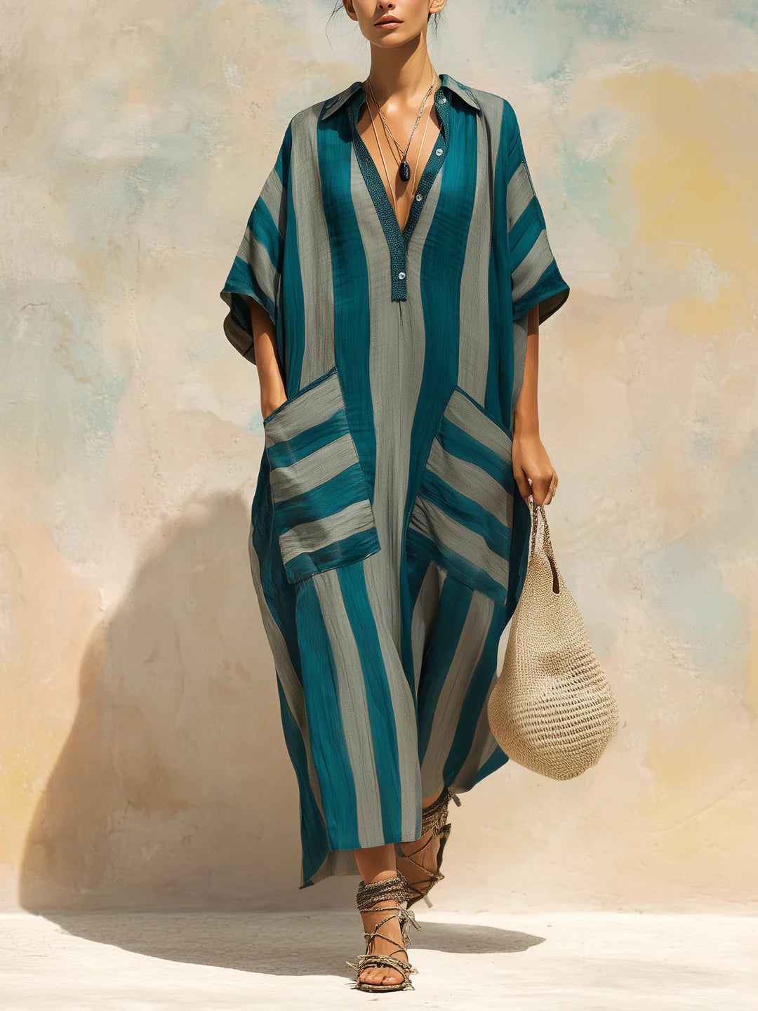 Casual Retro Striped Linen And Cotton Dress