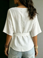 Women's Casual Solid-color Loose V-neck Short-sleeve Tie-front Top