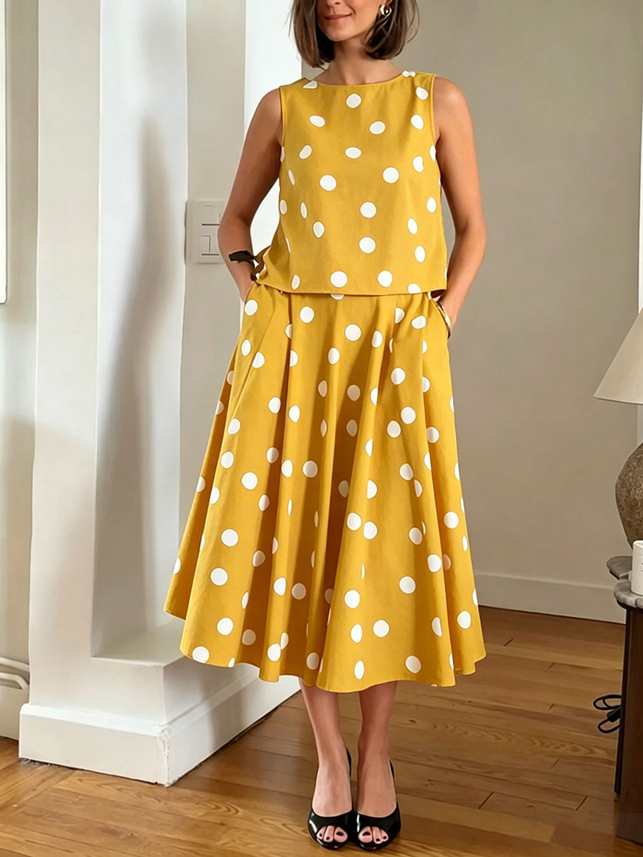 Women's Polka-dot Print Cotton-linen Set: Sleeveless Round-neck Loose-fit Top & High-waisted A-line Skirt