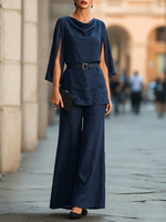 Cowl-neck, Slit-sleeve Top & Cotton-linen Wide-leg Pants Set