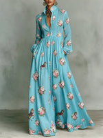Classic Floral & Horse Print Dress — Featuring A Turn-down Collar, Cinched Waist, And Flared Skirt