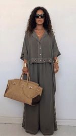 Women's Loose Button-Down Shirt & Wide-Leg Pants Two-Piece Set — Relaxed Casual Outfit with Metal Eyelet Details