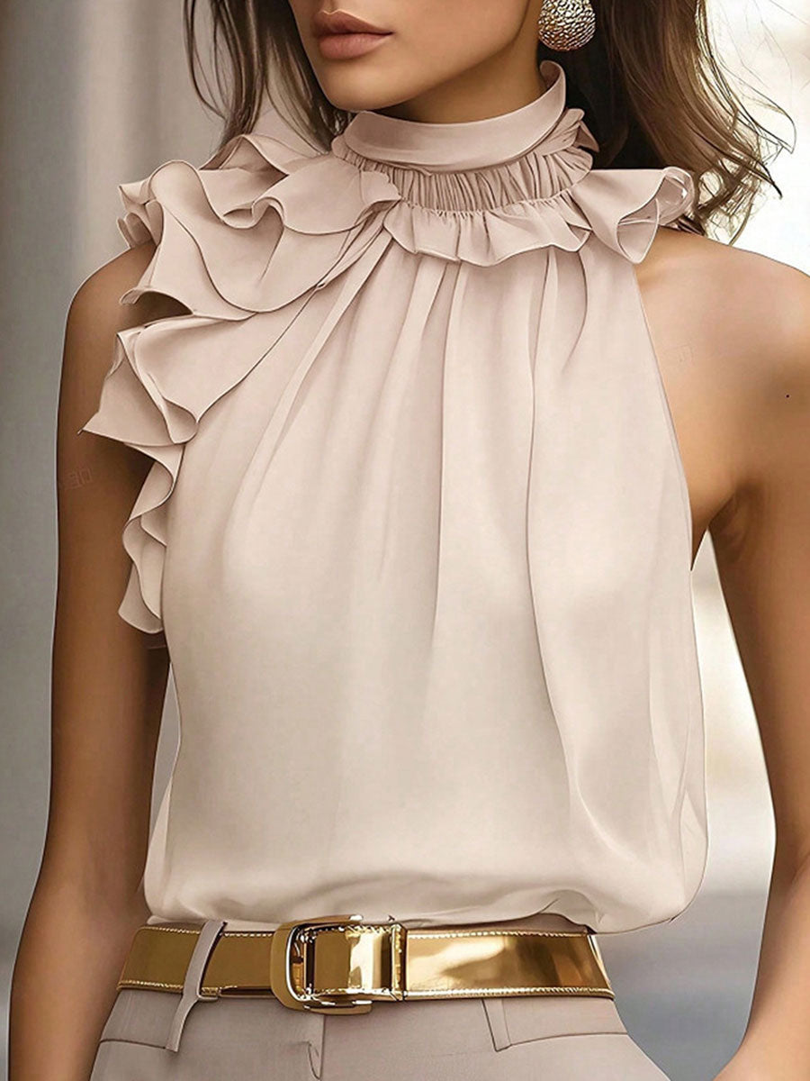 Women's Retro Loose-fit Stand Collar Solid-color Halter Top