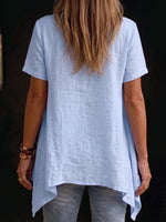 Women's Solid-color Swing-neck Cotton-linen Top With Asymmetrical Hem