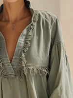 Oversized Frayed Trim Green Denim Mini Dress – Balloon Sleeve & Pocket Detail