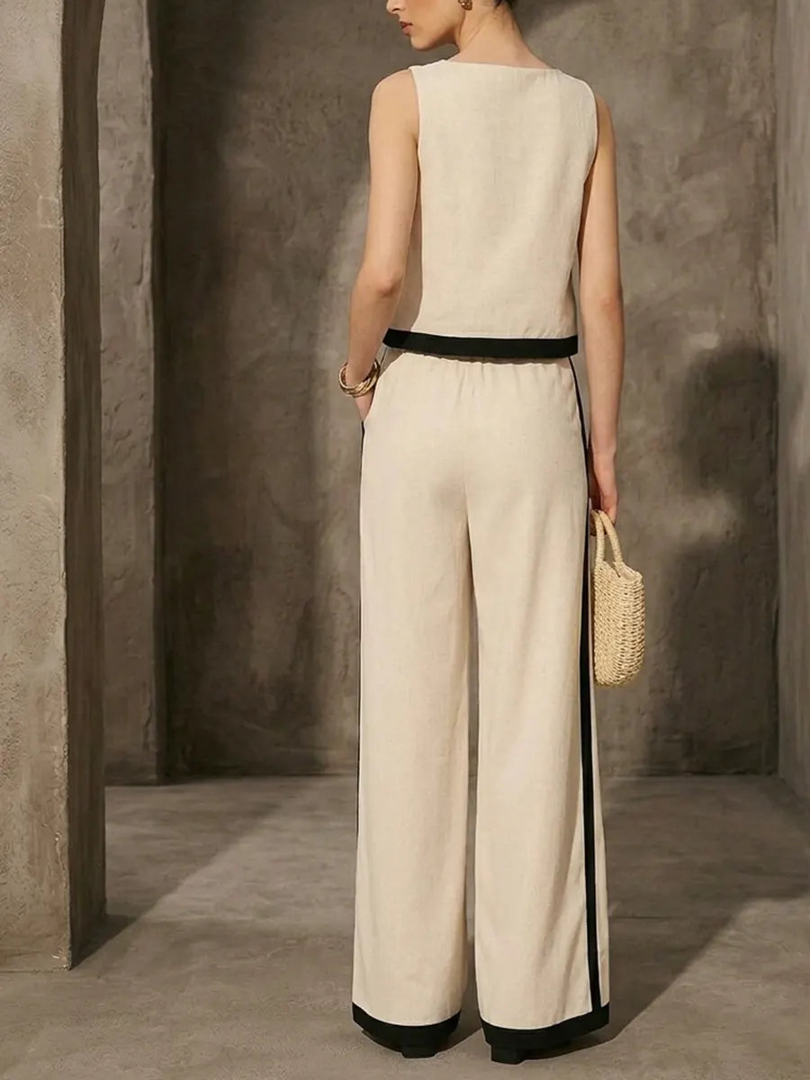 Linen & Cotton Contrast Binding Pant Set