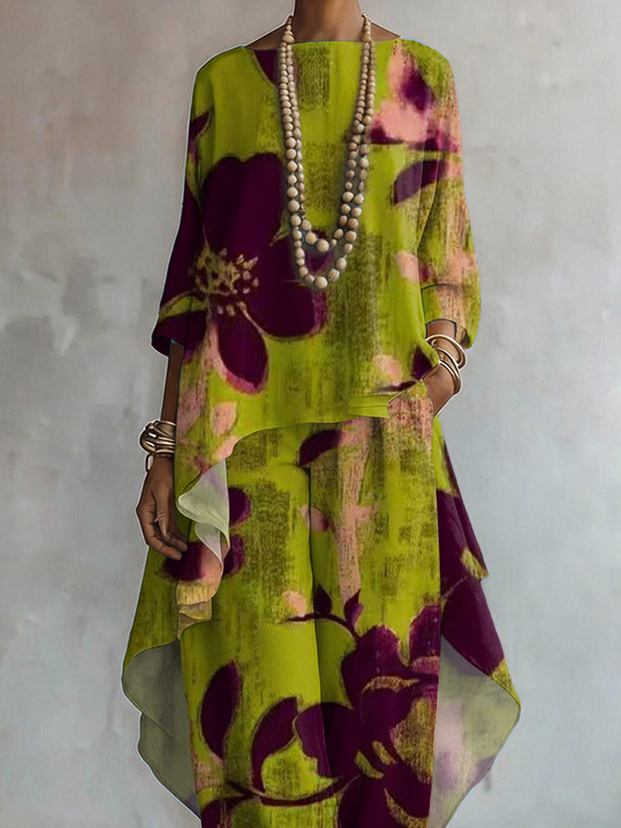 Women's Retro Floral Art Print Casual Stylish 3/4 Sleeve Cotton Linen Suits