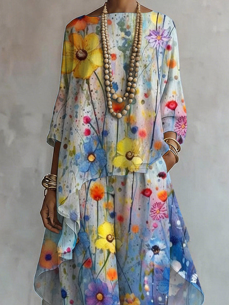 Women's Floral Art Print Casual Stylish 3/4 Sleeve Cotton Linen Suits