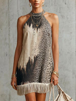 Women's Retro Leopard Art Tassel Patchwork Casual Cotton And Linen Short Dress