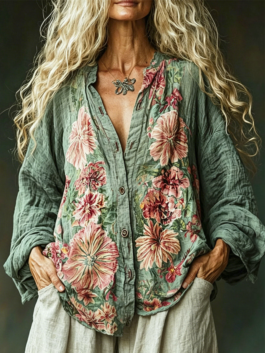 Women's Retro Floral Art Print Casual Cotton Linen Shirt