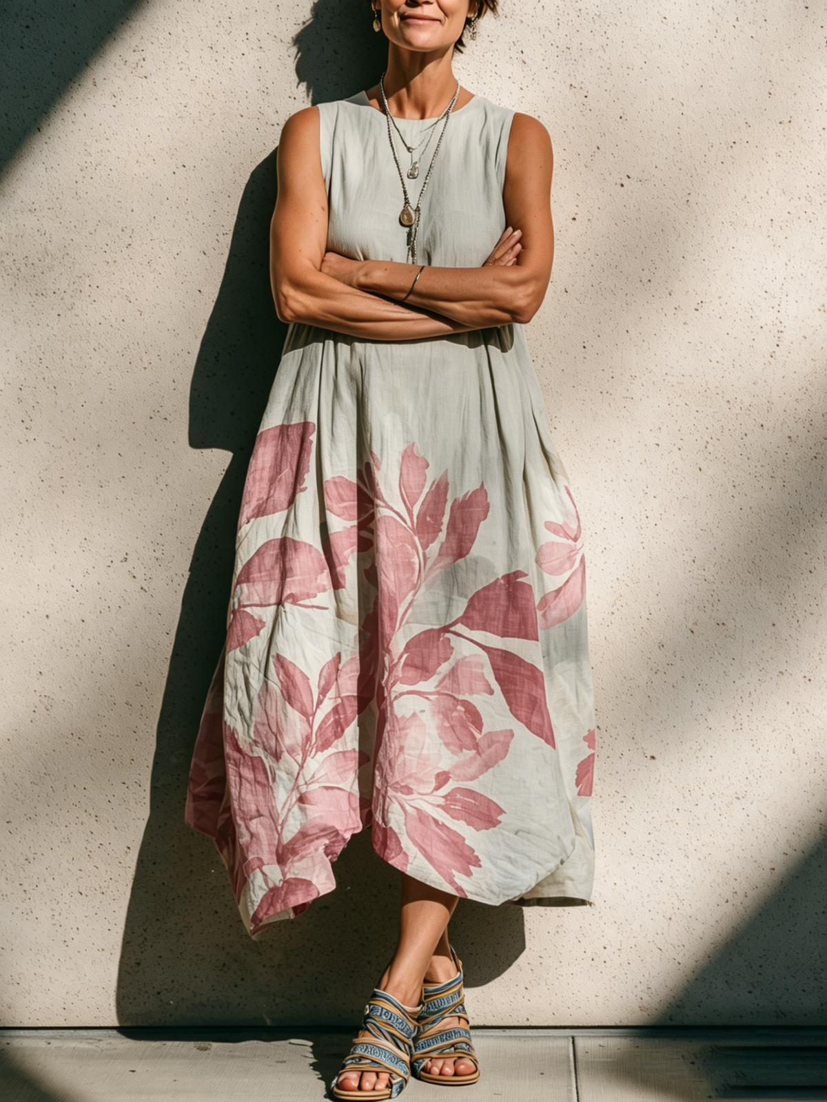Botanical Print Sleeveless Linen-cotton Midi Dress