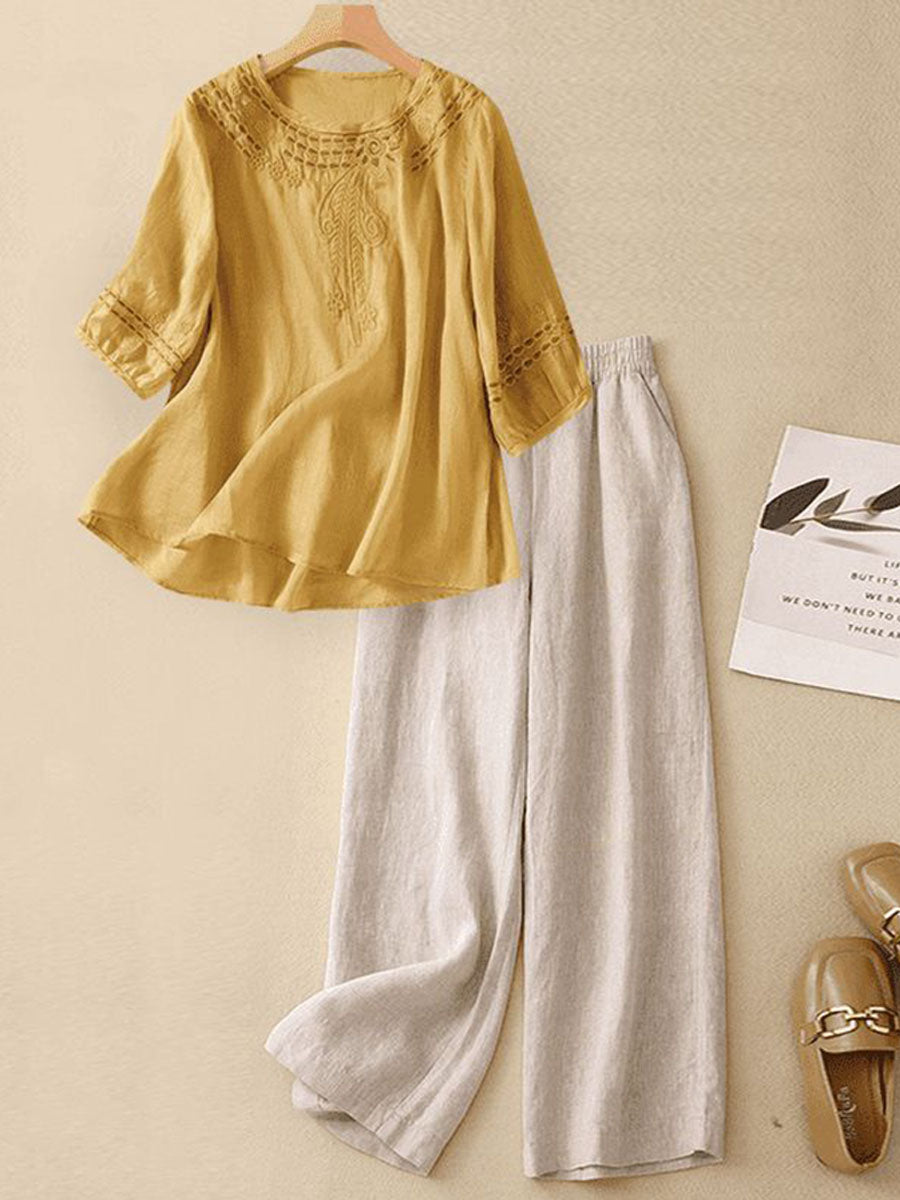 Women's Embroidered Cotton-linen Top And Casual Wide-leg Pants Two-piece Set
