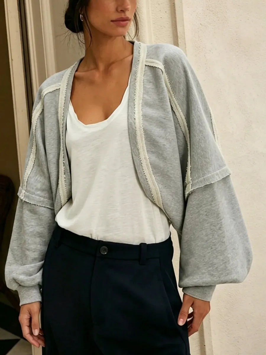 Women Oversized Balloon Sleeve Cropped Open Sweatshirt Cardigan