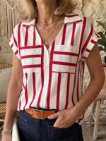 Women's Striped V-neck Short-sleeve Casual Loose Cotton-linen Shirt