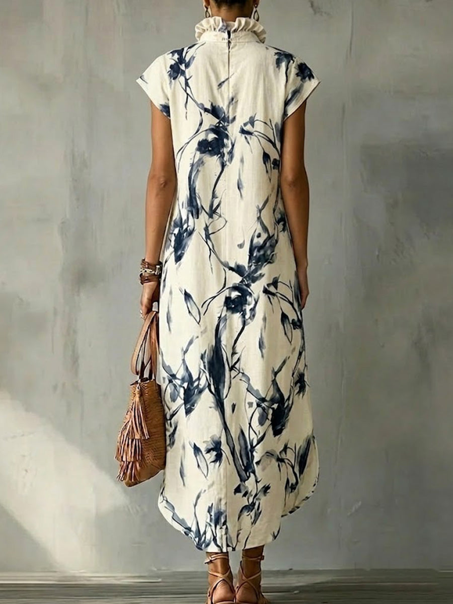 Women's Sleeveless Linen-cotton Dress With Ruffled Collar And Elegant Ink-style Floral Pattern