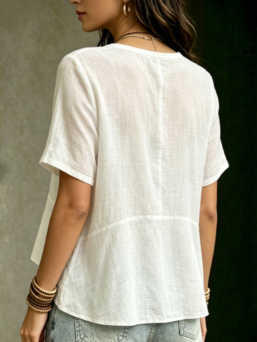 Women's Casual Solid-color Loose V-neck Short-sleeve Top