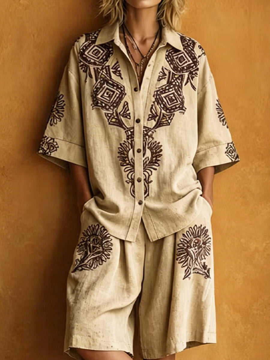 Women's Ethnic Art Casual Top And Pants Breathable Cotton Linen Two-piece Set